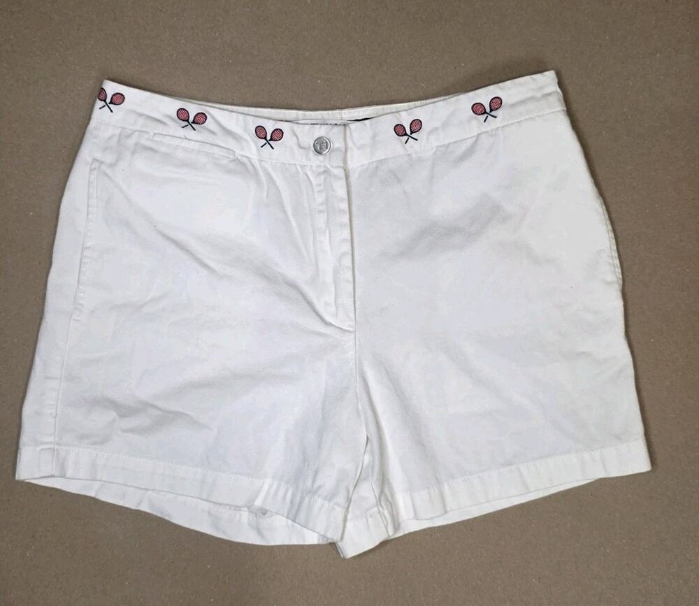 Tommy Hilfiger Womens Sz 10 Tennis Embroidered Shorts White Preppy Cotton